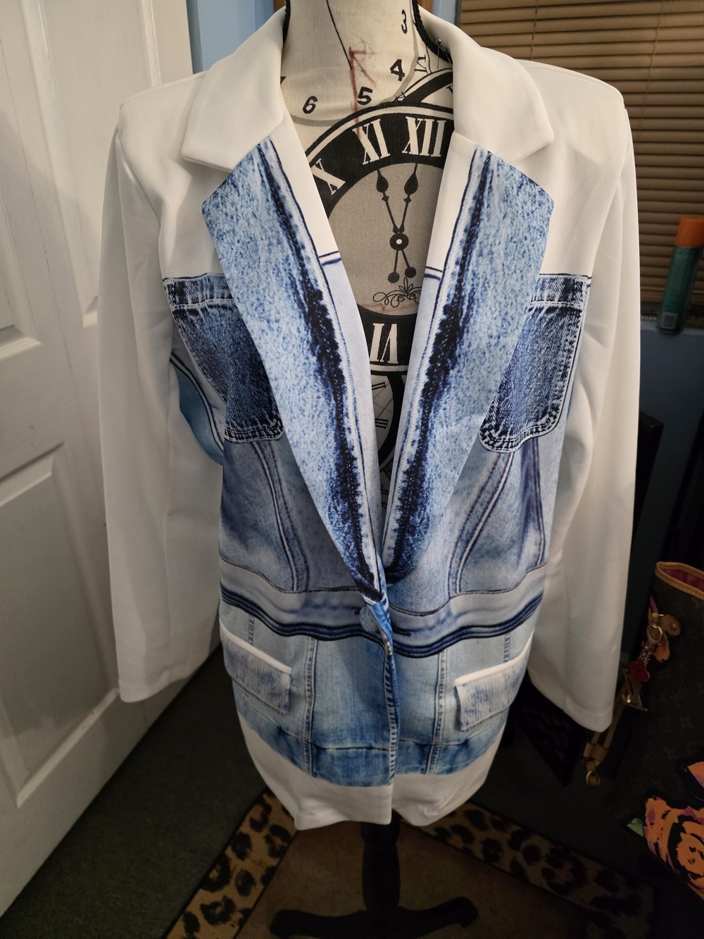 Ashley Stewart White Blazer with Blue Denim Print